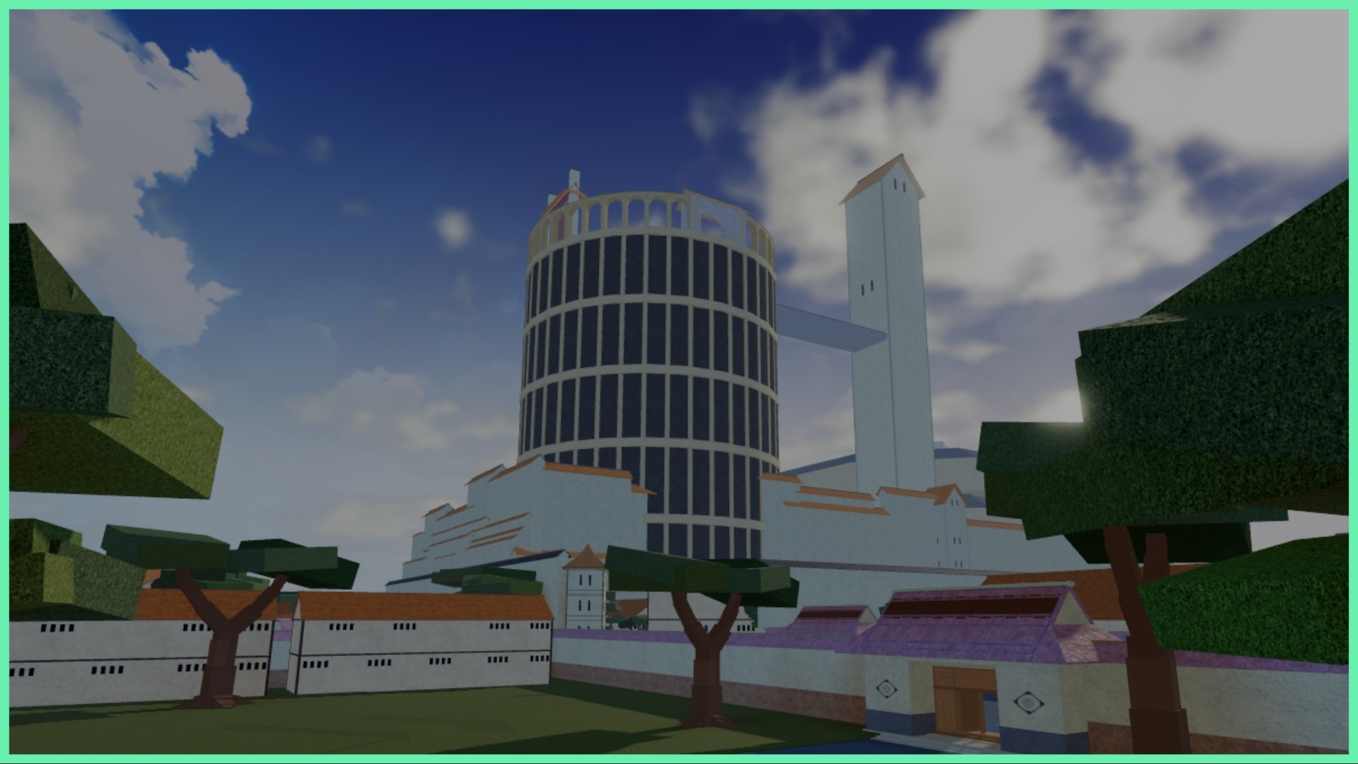 The image shows a bunch of building surrounding the hub of the game. The sky is a bright blue with white clouds. Surrounding the various white and orange buildings are tall trees