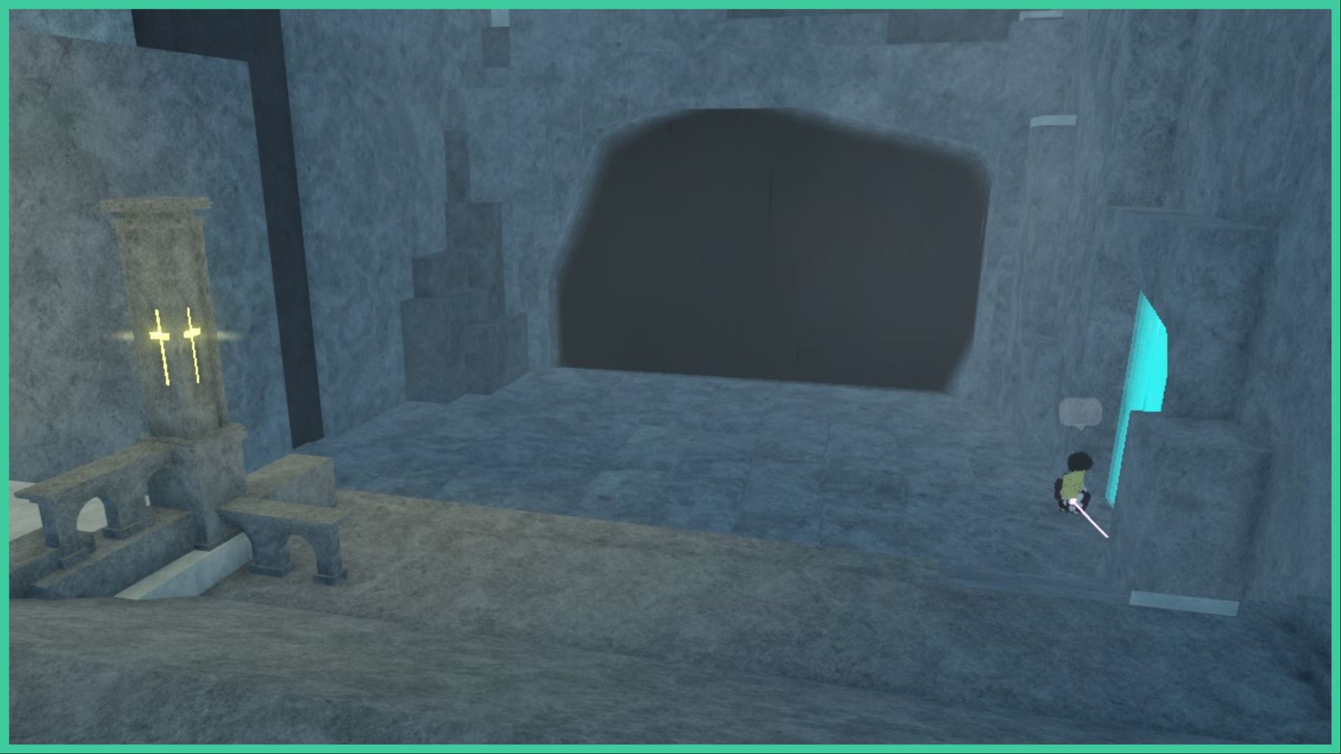 feature image for our type soul theatre guide, the image is a screenshot of a cave in wandenreich that leads into darkness, with a stone pillar to the left of the slope with a glowing cross in the middle, the slope leads to the cave entrance, as a glowing blue portal appears on the right wall