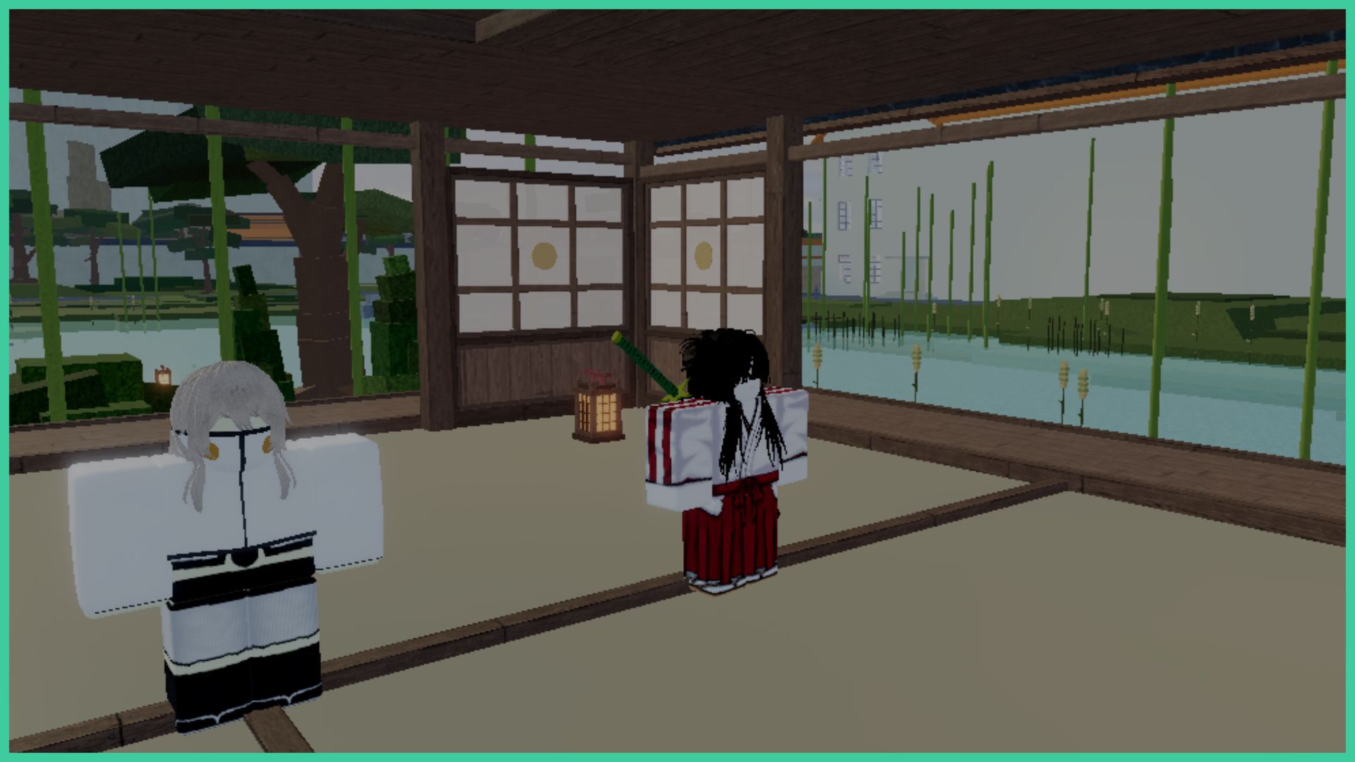 feature image for our type soul vasto lorde guide, it's a screenshot of a roblox player standing next to an NPC inside a traditional-style building with a river flowing by outside, with bamboo shoots and plants, with a wooden deck to sit on