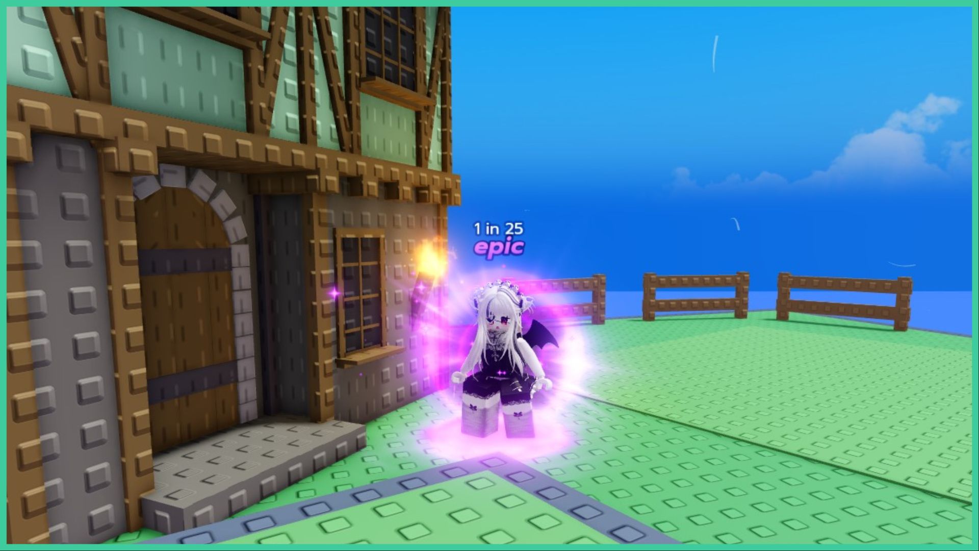 feature image for our zenith rng codes guide, it's a screenshot from the game as a character equips the purple epic aura that shines around them as they stand next to an old building with a fire touch attached to the front