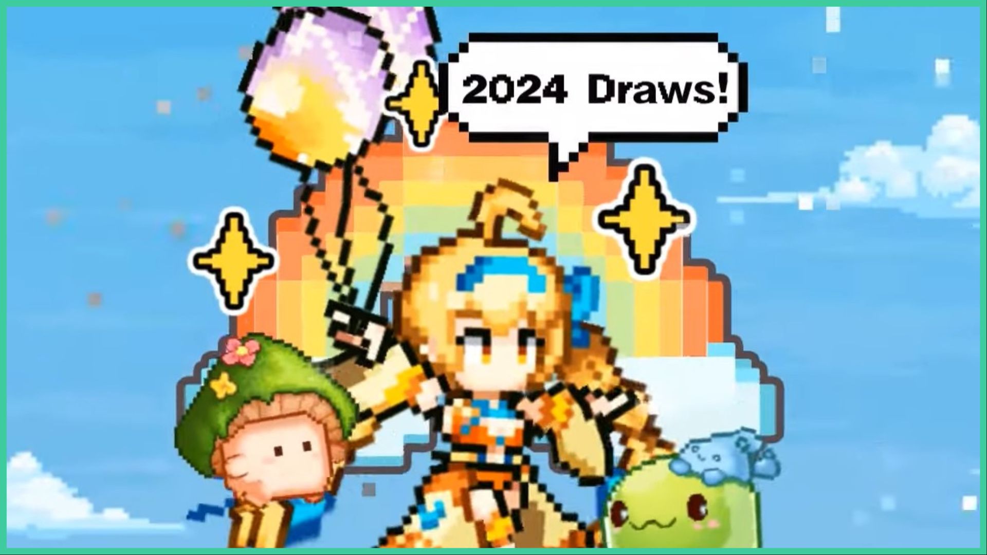 feature image for our zero to hero pixel saga codes, it's a screenshot of a pixelated drawing of a blonde girl holding balloons with a rainbow behind her and stars around her, as a small mushroom creature jumps to the side and a green slime with a smaller blue slime on its head smiles, there is a speech bubble above her head that reads '2024 draws!'