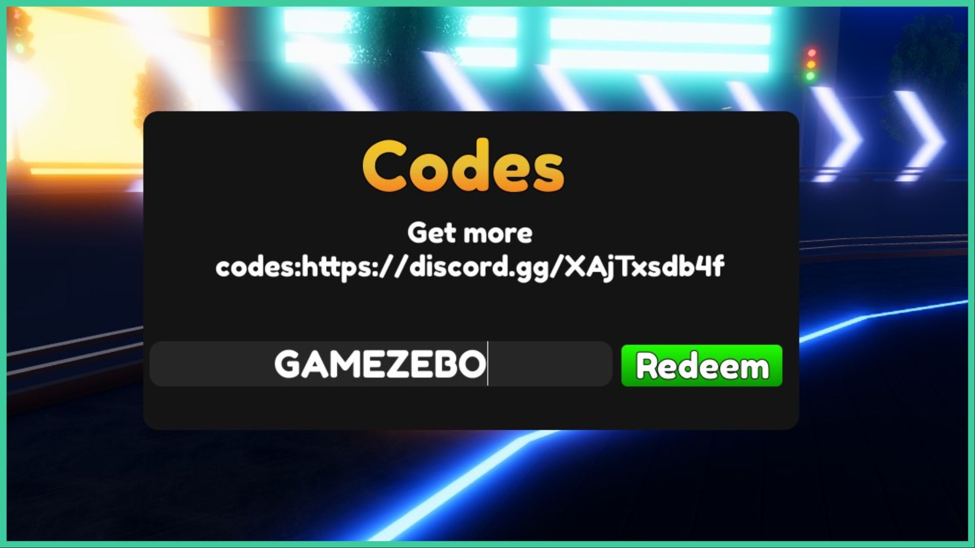 screenshot of the code redemption window for our anime fantasy codes guide, the text box says 'GAMEZEBO' and there's a green 'redeem' button to the right of it, as well as a link that takes you to the game's discord server, in the background is a neon glowing city with traffic lights and neon arrows that point to the right