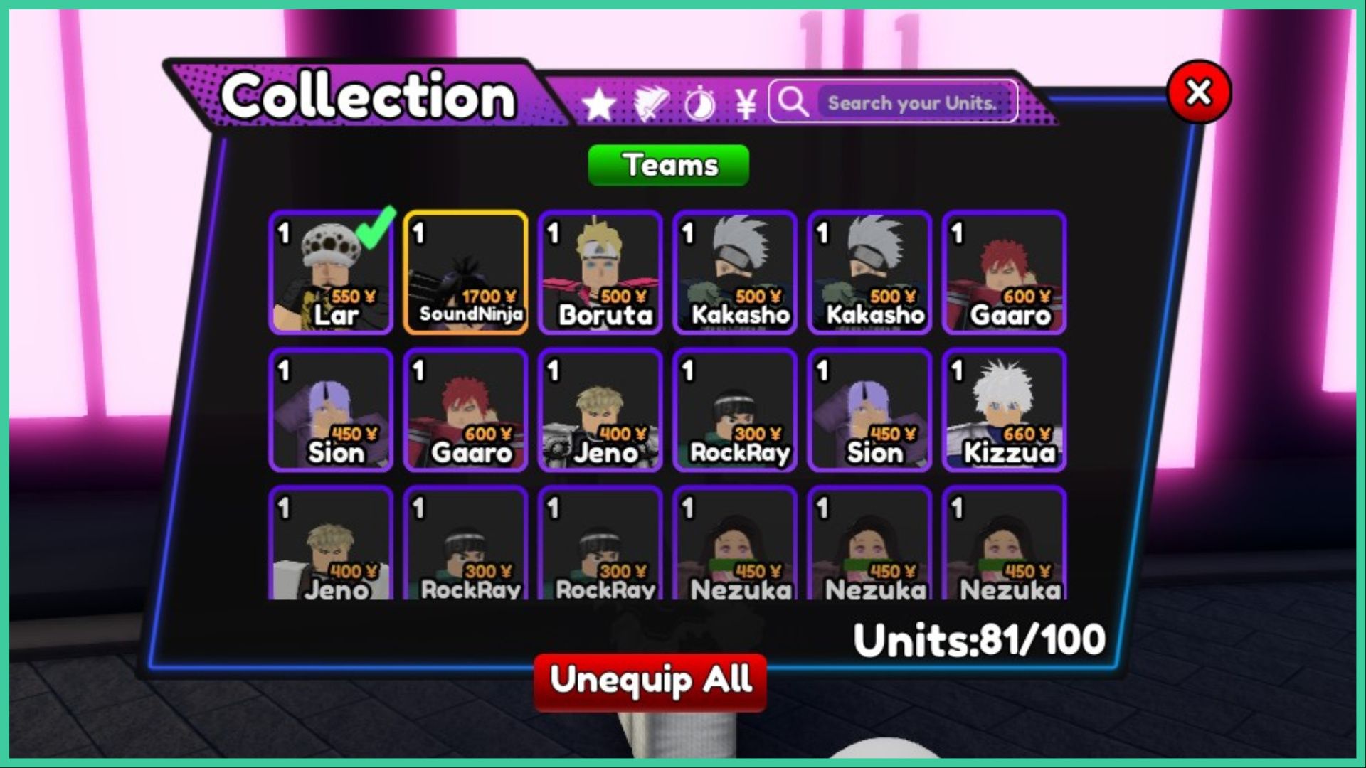 screenshot of the unit window for our anime fantasy units guide, the window is labelled as 'collection' with a grid of multiple roblox versions of anime characters as well as their in-game names and how much they cost to deploy
