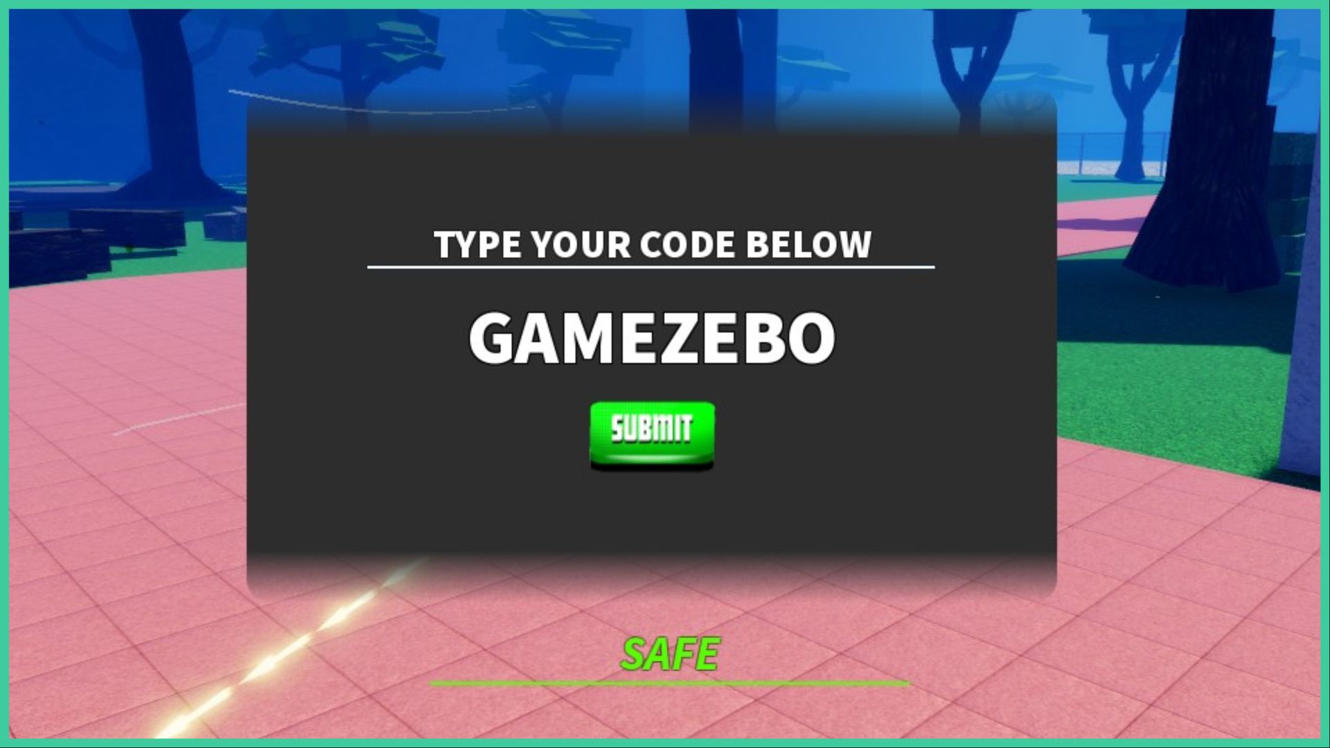 screenshot of the code redemption box for our anime quest codes guide, we've written GAMEZEBO into the text box, with a prompt above that reads 'type your code below', and there's a green submit button underneath, the text box, the background behind the box is of a park with trees and a fence that leads to a sandy area