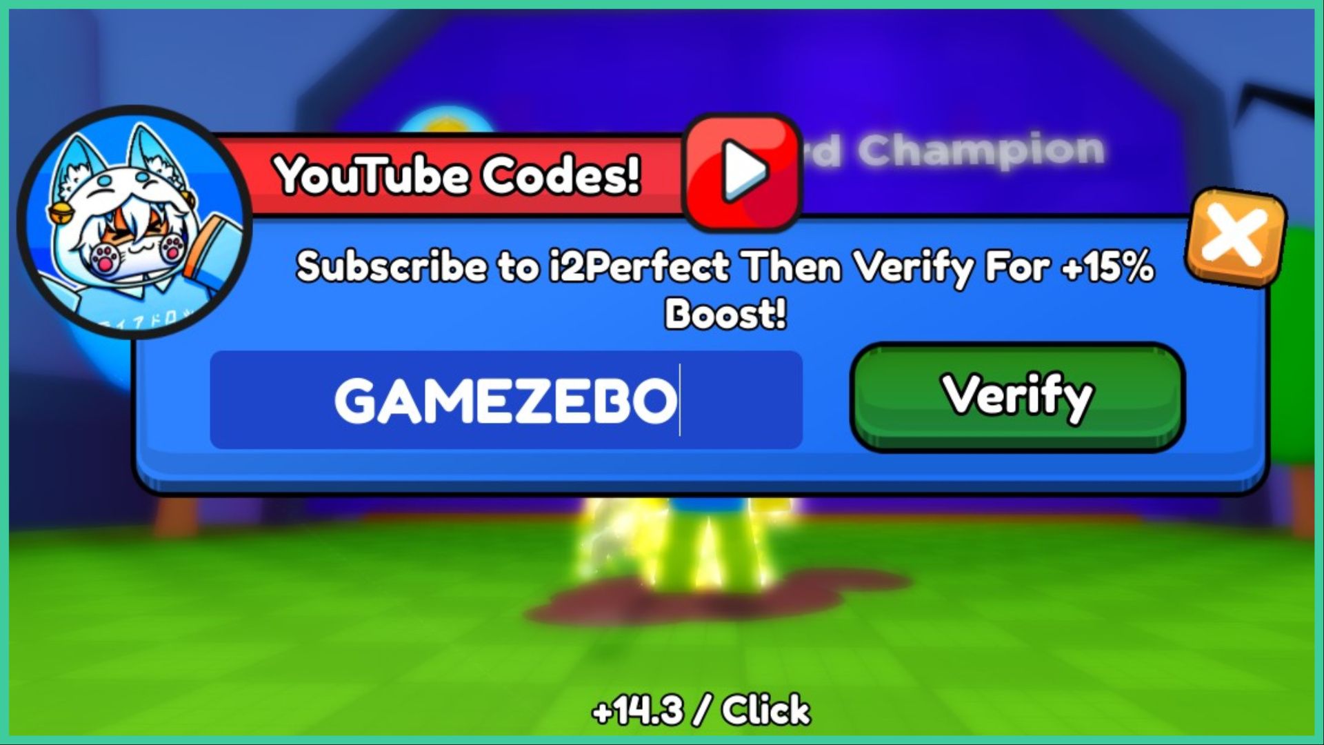 feature image for our extalia simulator codes guide, it's a screenshot of the youtube codes box, with GAMEZEBO written in the text box with the green verify button next to it, there is a drawing of a character wearing a goot with wolf ears and a bell while wearing a cat face mask with paws on each side