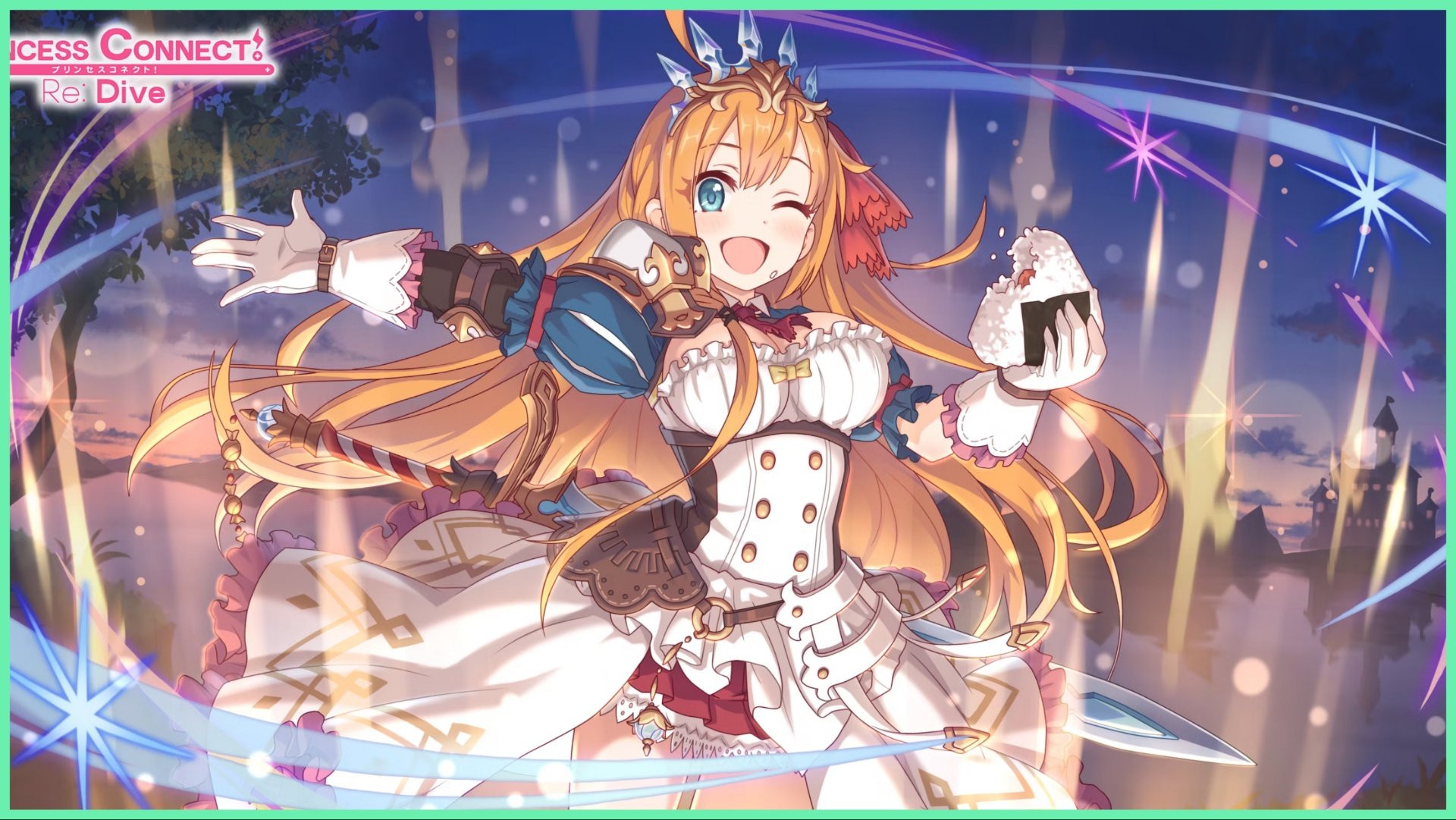 Featured image for our Princess Connect RE Dive tier list shows a ginger haired girl in a maid-esque outfit with a rice ball with auras flowing around her as she smiles