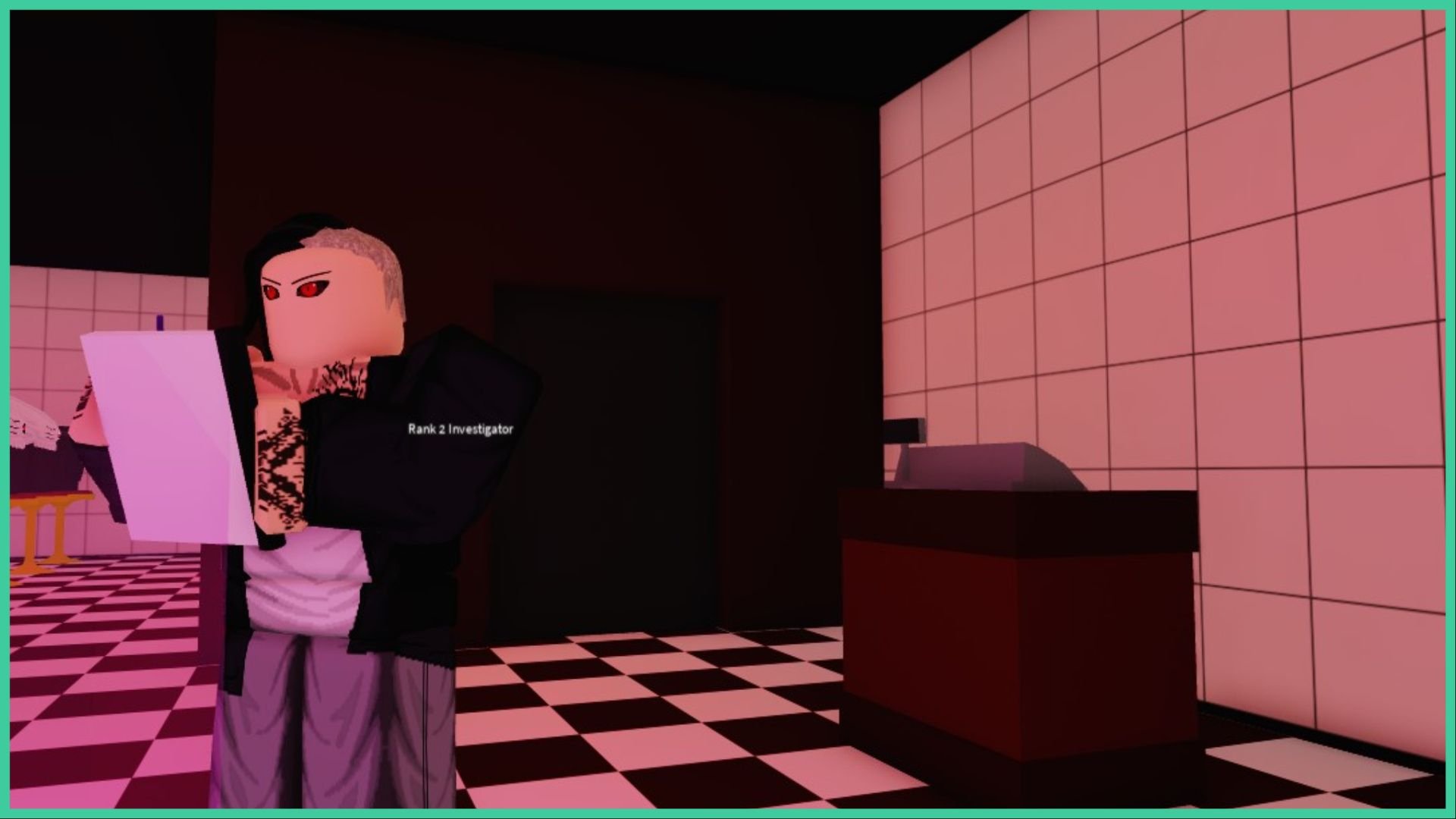 screenshot of a roblox version of uta as he writes on a pad of paper next to a till, this image is a feature image for our ro ghoul kagune tier list