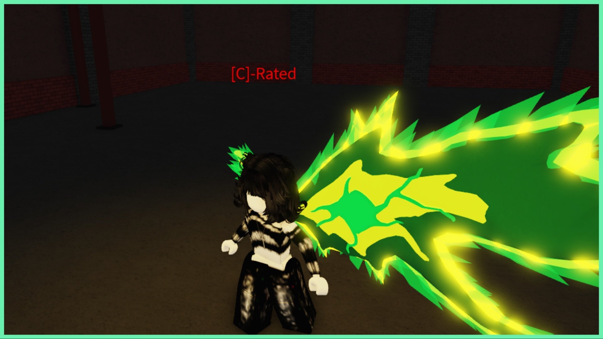 Feature image for our Ro Ghoul Quinques tier list showing my avatar who wears an emo-fashion all black and white outfit in a stance as a green flashing kagune emerges from her back in shades of radioactive green