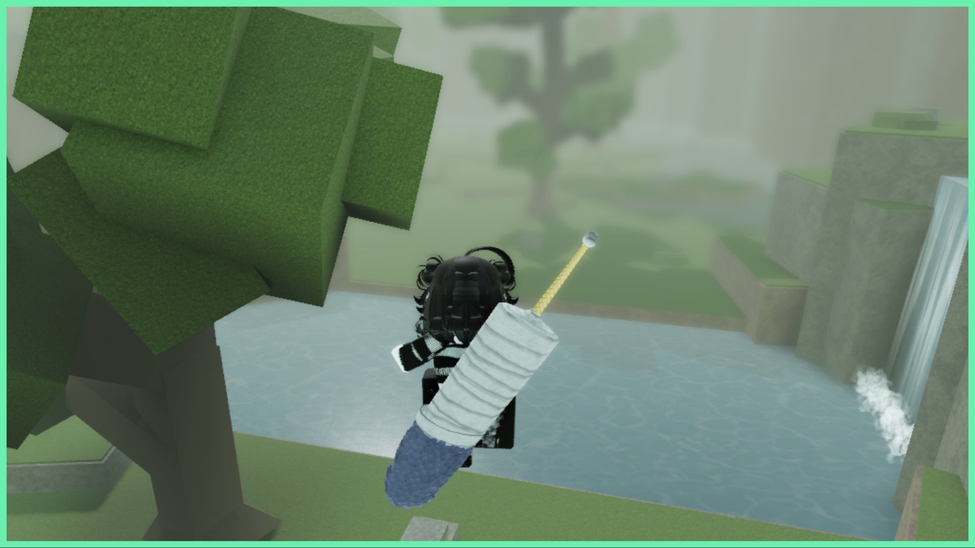 Feature image for our Rogue Ninja Characters Guide shows my avatar who wears mostly black and white emo attire leaping off a cliffs edge towards water. She has a large sword on her back and is apart of the shark lineage