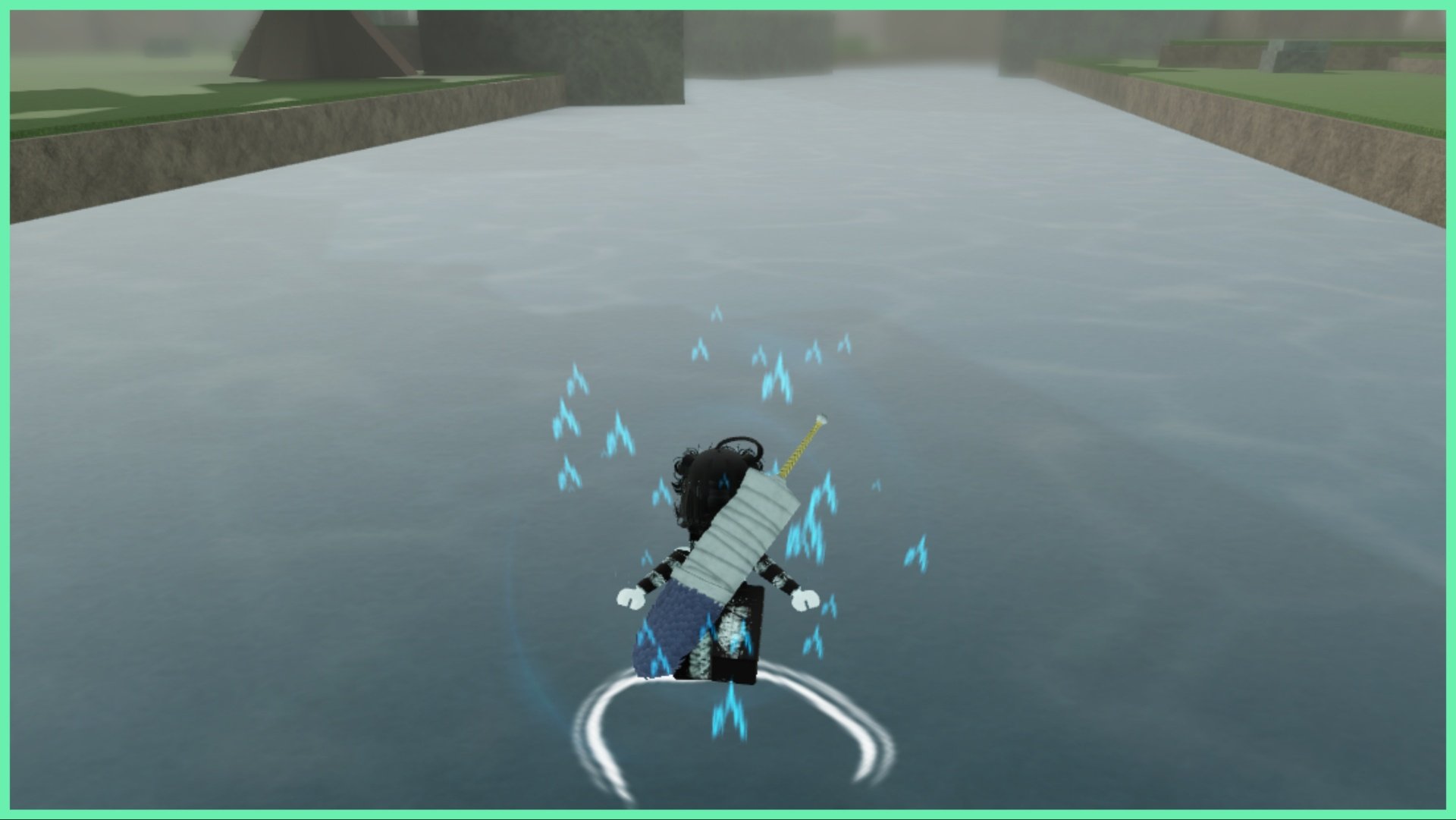 Feature image for our Rogue Ninja Codes guide showcasing a shark ninja character rushing across water with a blade adorned to her back. She has blue spiked particle effects around her implying a charge