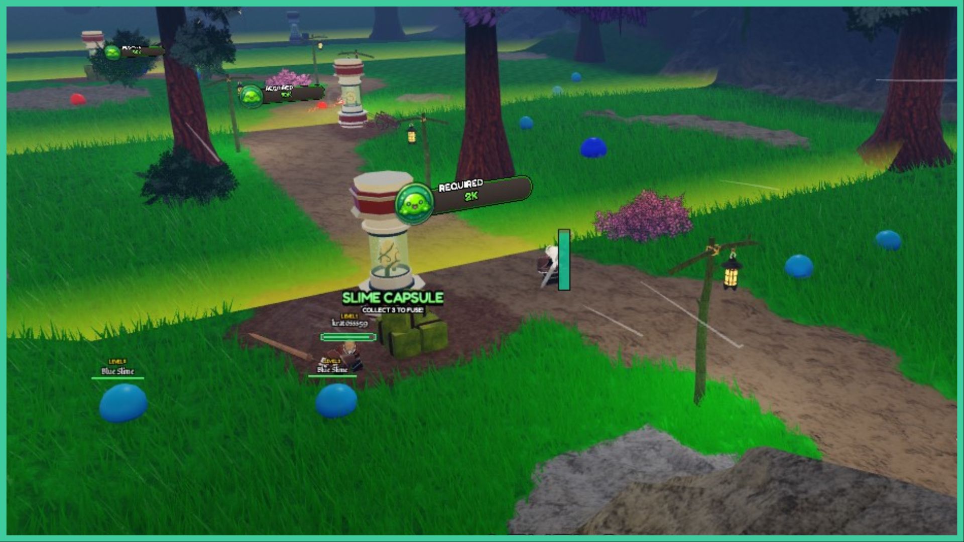 feature image for our slime slaying simulator codes guide, the image is a screenshot from the slime forest area as multiple blue slime wander around the grass with a strange capsule with a slime egg inside of it, there are locked areas ahead with more slimes and trees