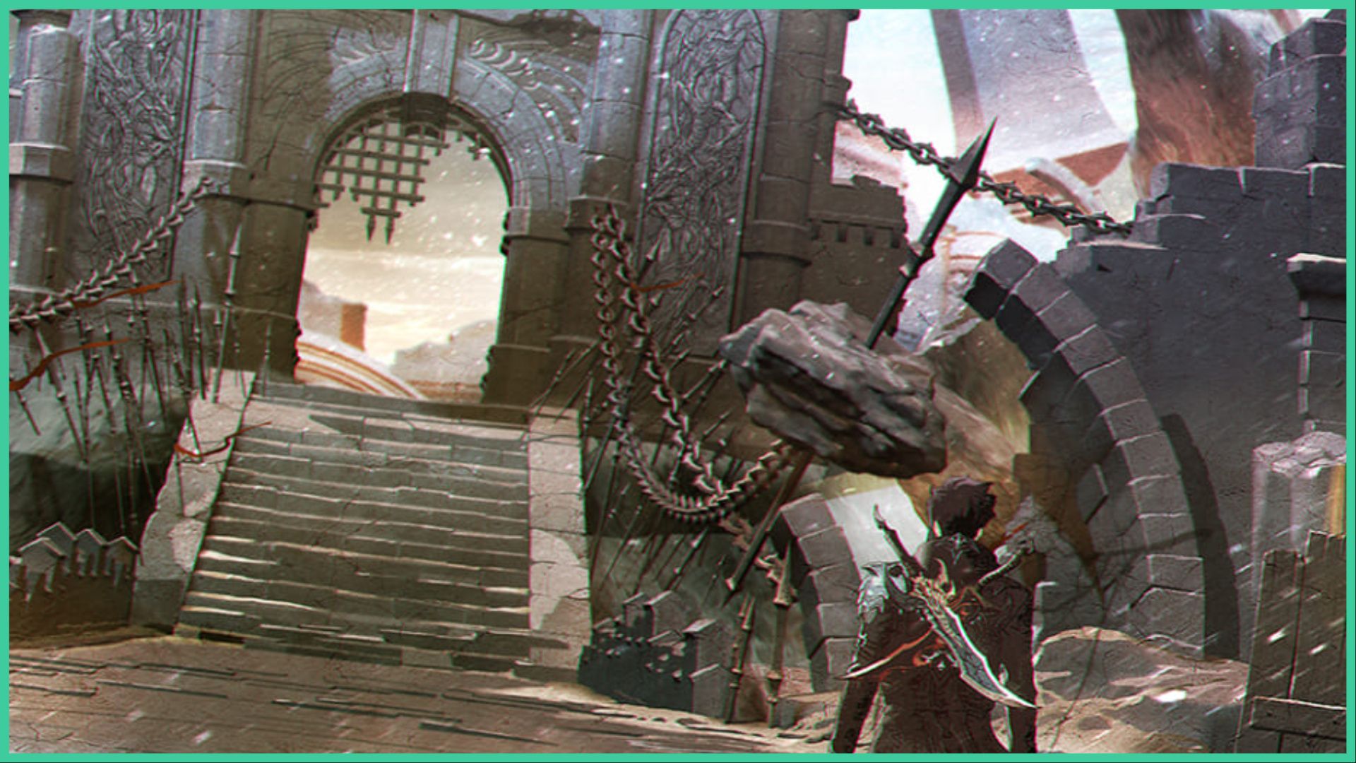 feature image for our solo leveling arise codes guide, the image is official art for the game, as jinwoo from the series walks toward a set of steps that lead through a broken gate archway, there stone debris and broken metal scattered around