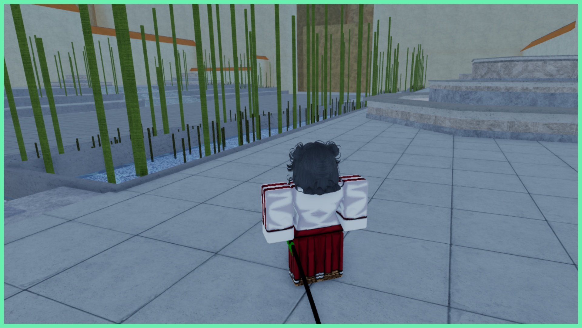 Feature image for our type soul advanced shunko guide showing the back of a soul reaper player who has a katana equipped to their waist as they linger around soul society behind a well kept garden of mostly concrete with occasional bamboo shoots
