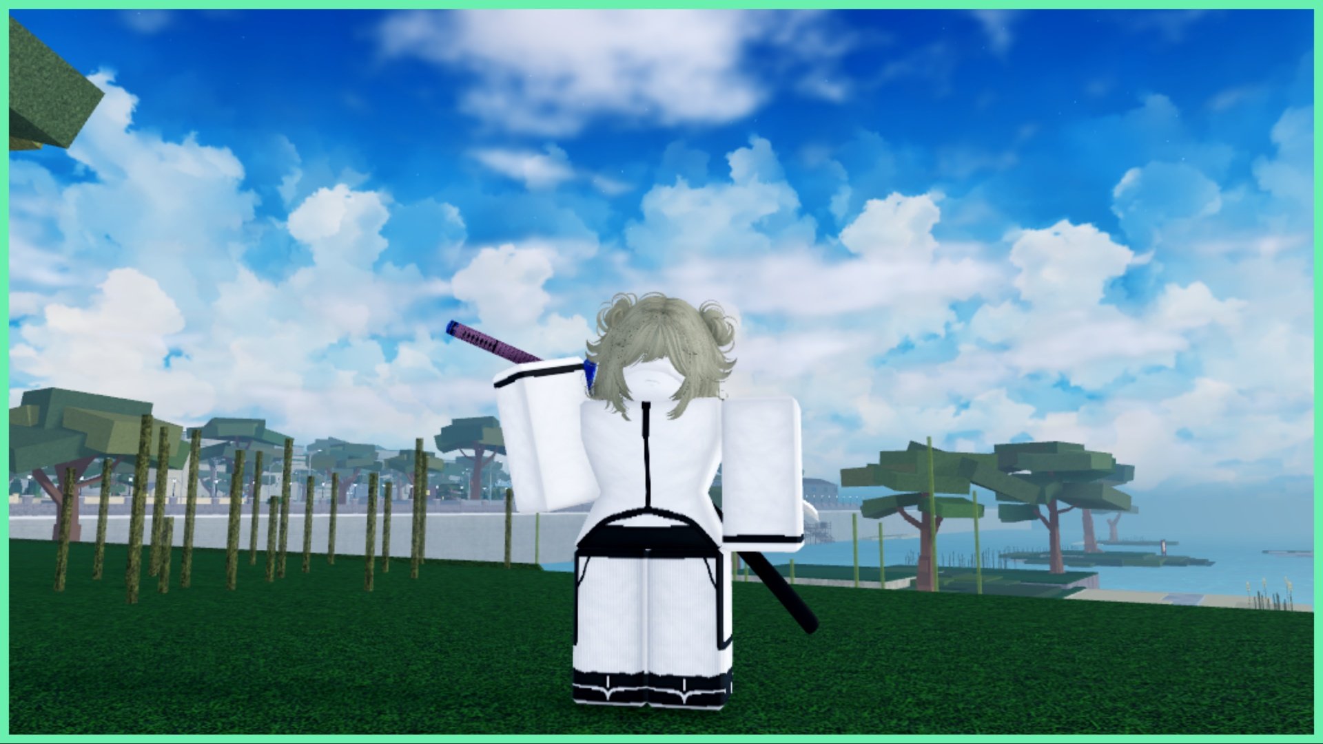Feature image for our Type Soul Ayon Boss Guide showcasing an arrancar player with their sword resting on their should as they stare into the camera. They are wearing all white and standing in Karakura Town on a sunny day with a cloudy sky. Behind them is a small body of water and plenty of trees in the far distance