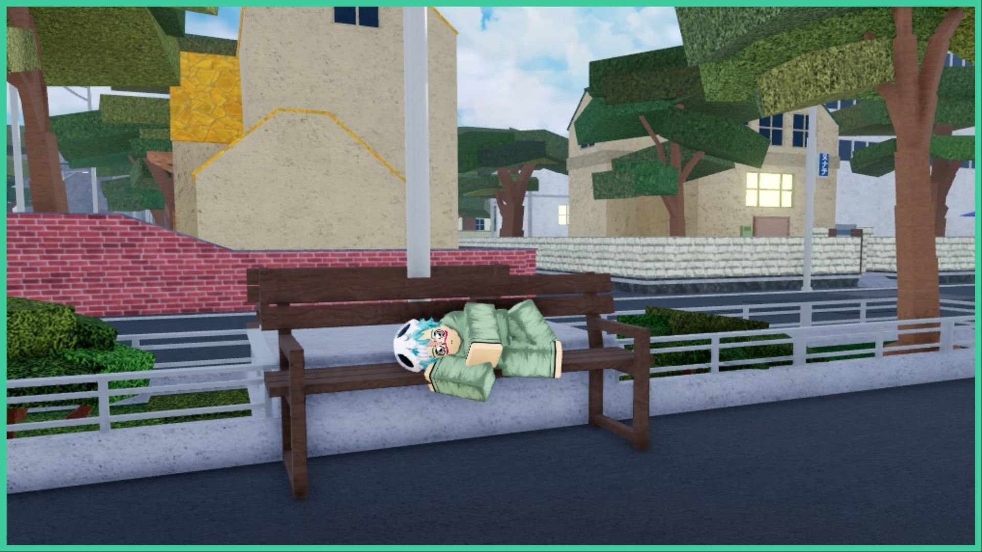feature image for our type soul bank guide, the screenshot is of an NPC called Nel who is laying down on a wooden bench in the middle of a street in karakura town, there are residential houses behind them, as well as a brick wall that fences off the homes