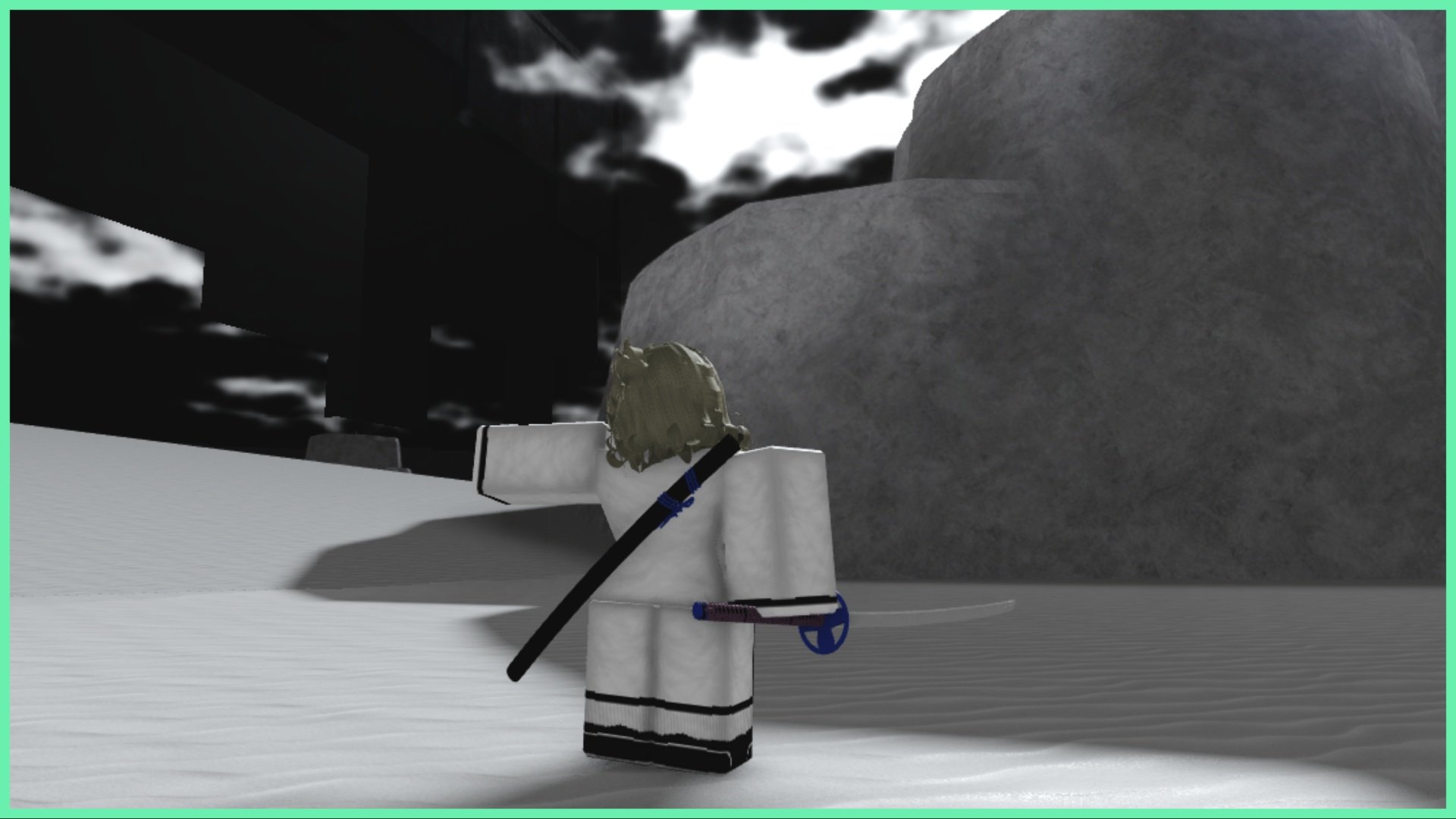 Feature image for our Type Soul Black Flash Guide which shows an arrancar player in Hueco Mundo wearing all white and pointing into the distance. In the free hand is a katana held neutrally with no ill intent