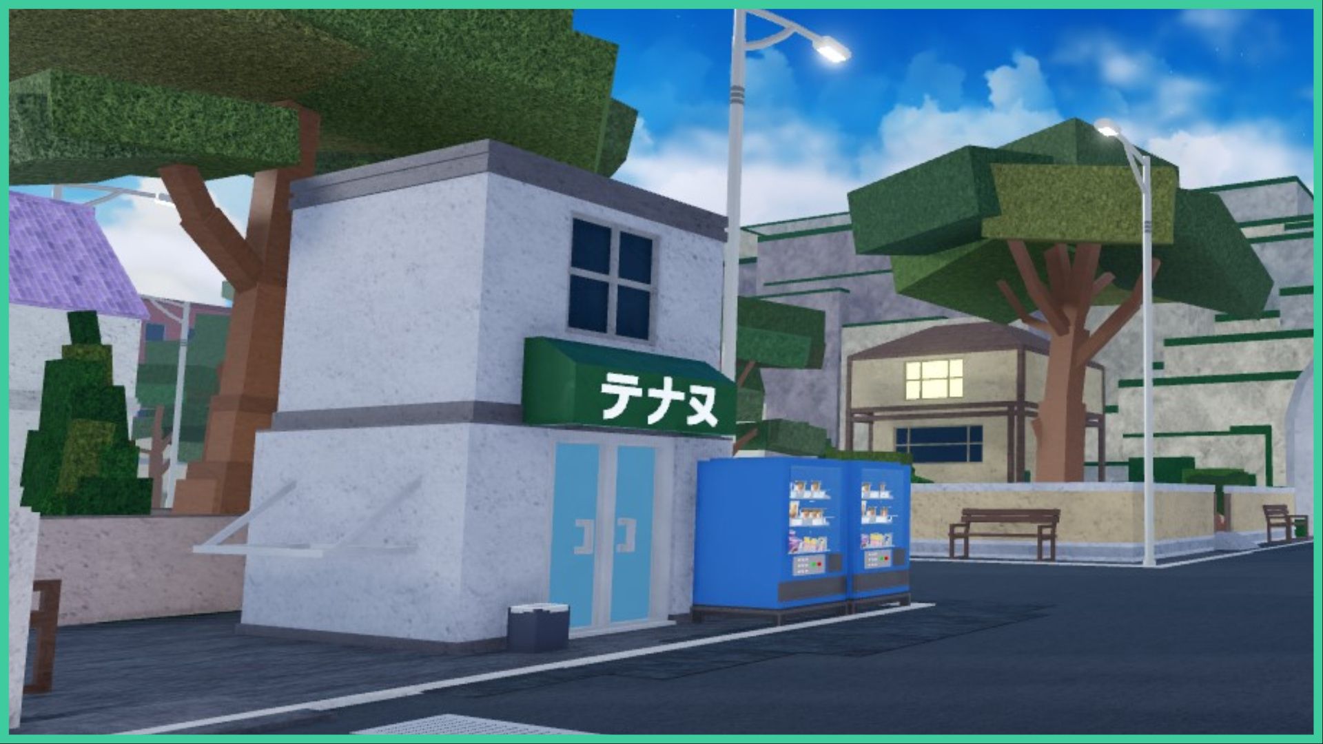screenshot of a building with kanji written on the sign for our type soul blue elixir guide, there are 2 blue vending machines in front of the building with various products inside