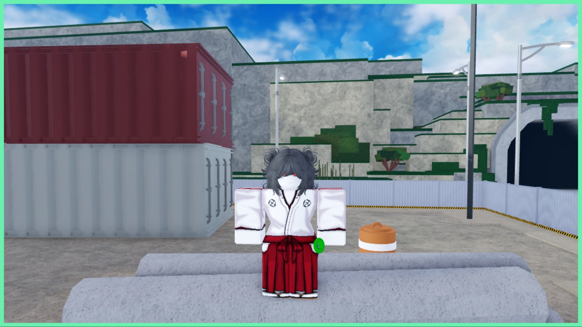 Featured image for our Type Soul Cybernetic Box guide showing a soul reaper stood in a complex grounds with large container units behind her whilst she stands on metal piping.