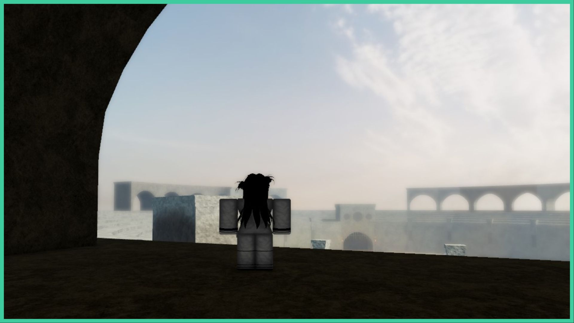 feature image for our type soul essences guide, the roblox player is looking out across the arena, with misty clouds in the sky as they stand under an arch that is casting a shadow over them and the ground