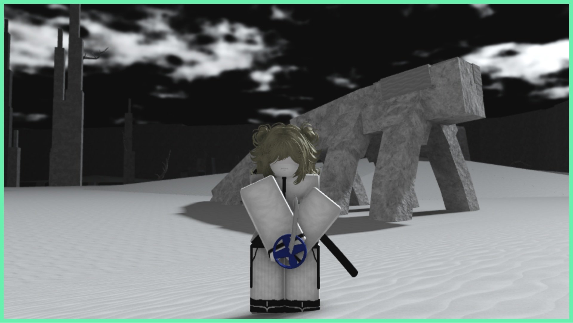 Feature image for our Type Soul Eyes guide showing a fully dressed in white arrancar player with their katana held in an active stance in front of their face pointing towards the camera viewer. They are stood in hueco mundo which is the monochromatic area of hollows