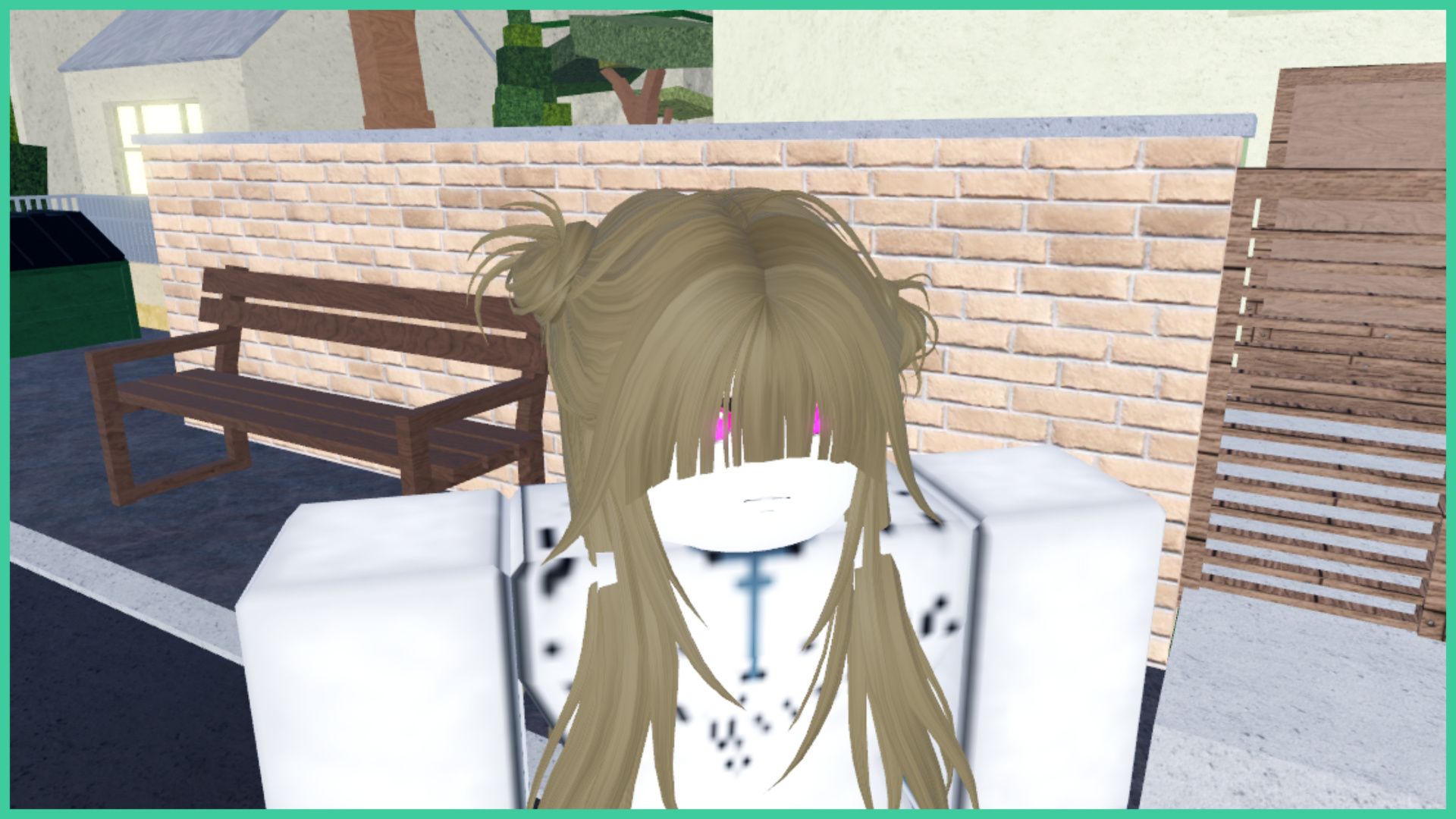 screenshot for our type soul legendary eyes guide, it's a zoomed in image of a roblox quincy character with purple glowing eyes, partially hidden by long blonde hair, they are standing in front of a park bench against a brick wall by a house