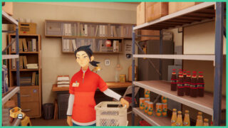 Makoto from Inkonbini as she stands in the storage room of the shop, holding a crate filled with products. Makoto from Inkonbini as she stands in the storage room of the shop, holding a crate filled with products.