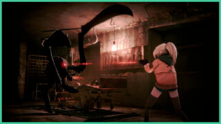 The main female protagonist of Silly Polly Beast aiming her gun at a creature with axes for arms in a room filled with rusty metal. The main female protagonist of Silly Polly Beast aiming her gun at a creature with axes for arms in a room filled with rusty metal.