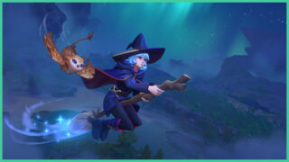 A blue haired witch on a flying broomstick as an owl flies beside her in Witchspire. A blue haired witch on a flying broomstick as an owl flies beside her in Witchspire.