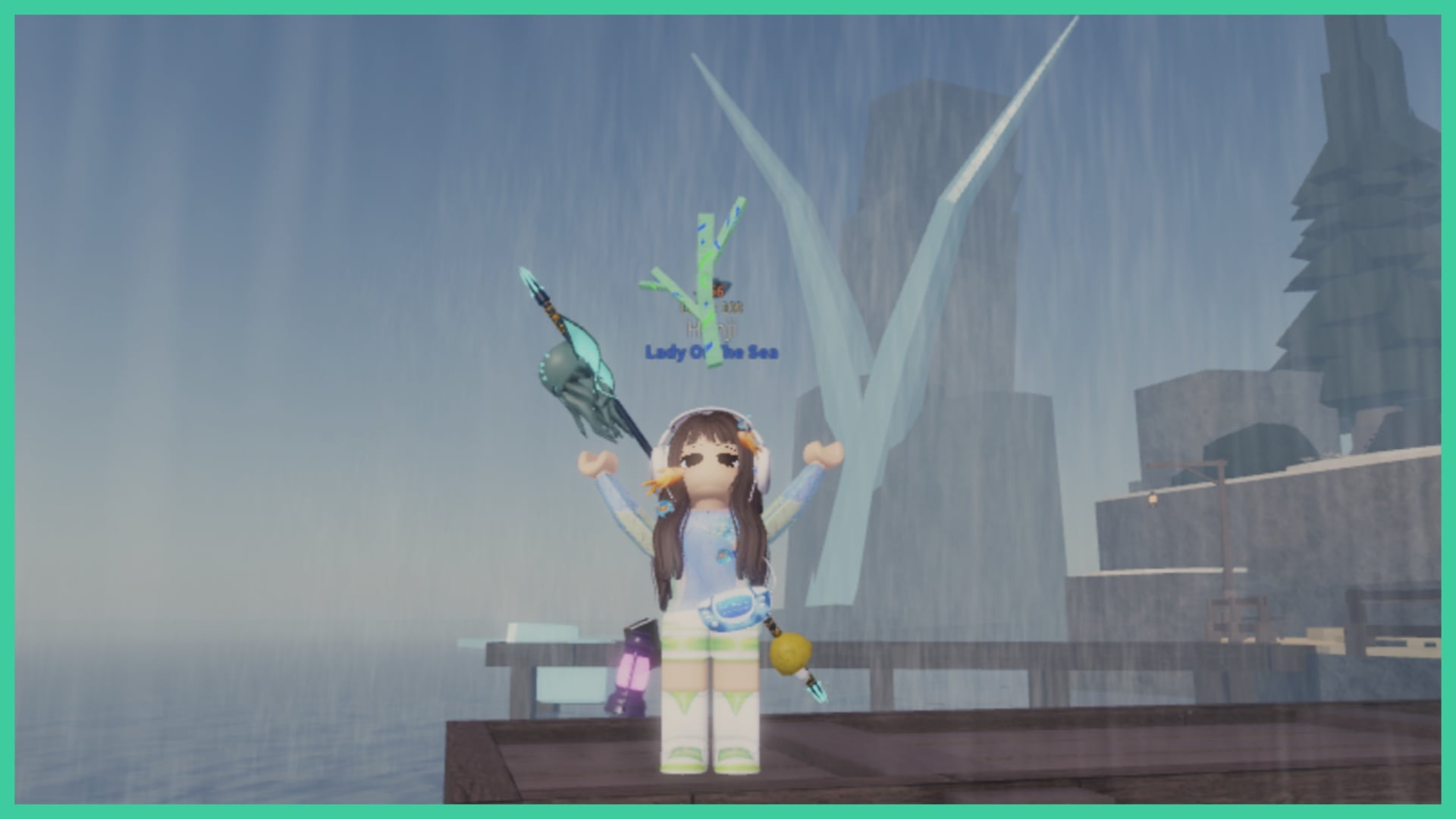 Feature image for our Fisch Moon Wood guide showing a character standing on a small pier holding a piece of Moon Wood.