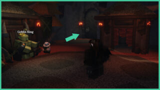 The Goblin King is to the left as an arrow points at the door to the Goblin Cave in The Forge. There is a padlock on the front of the door. The Goblin King is to the left as an arrow points at the door to the Goblin Cave in The Forge. There is a padlock on the front of the door.