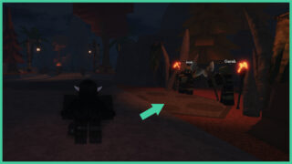 Two goblins holding axes with fire torches on either side of them with an arrow pointing towards them in The Forge. Two goblins holding axes with fire torches on either side of them with an arrow pointing towards them in The Forge.