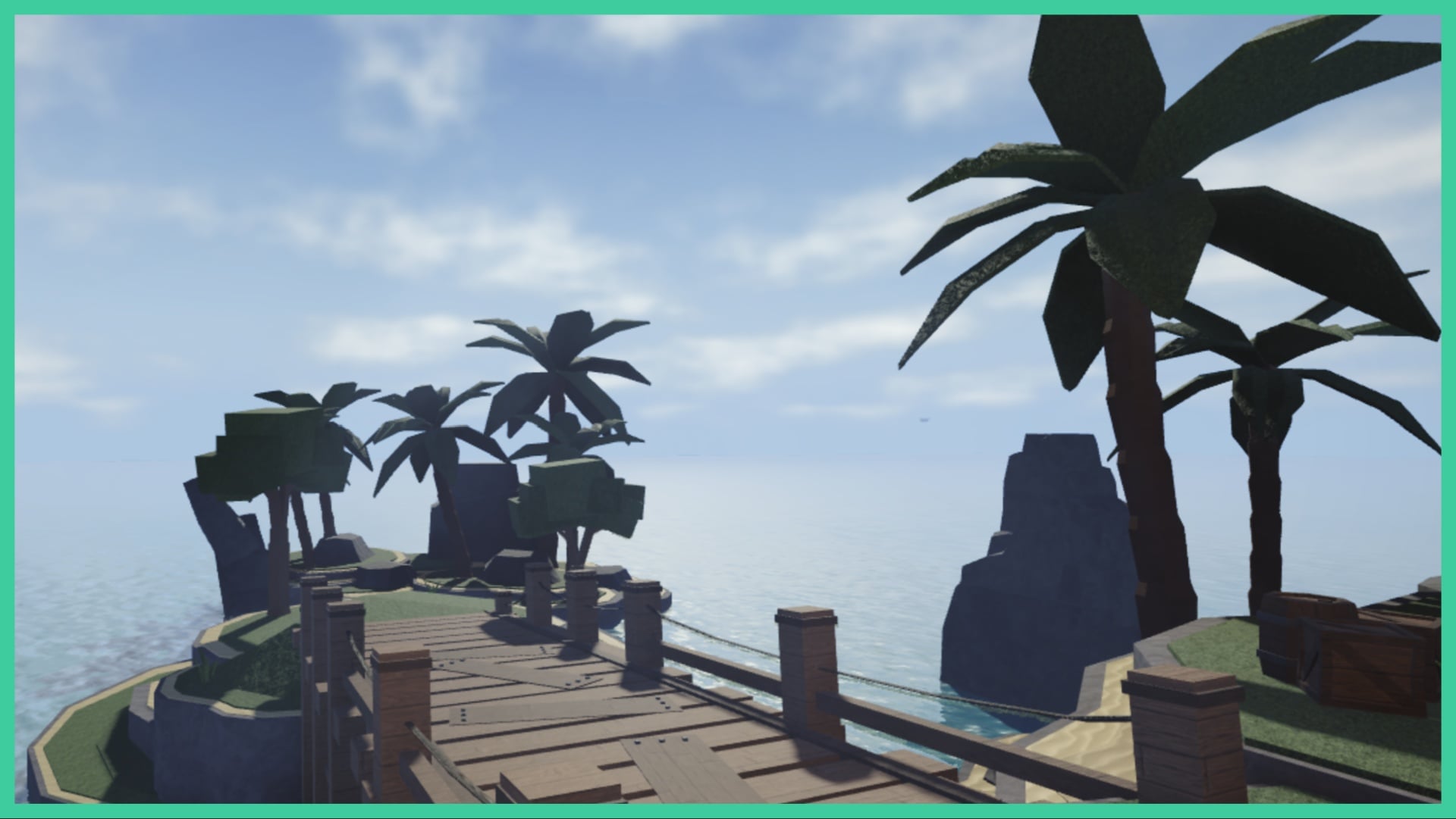 Feature image for our The Forge Admin Abuse Time guide showing a pier leading to an island in the sea with palm trees on.