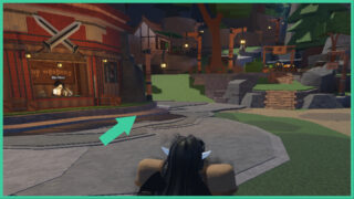 The spawn point in Stonewake's Cross in The Forge. An arrow points to the pathway past the weapon merchant stall, towards a hill to the left of Greedy Cey's stall. The spawn point in Stonewake's Cross in The Forge. An arrow points to the pathway past the weapon merchant stall, towards a hill to the left of Greedy Cey's stall.