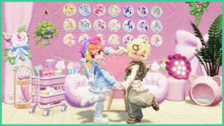 A variety of the badges you can collect during the Heartopia My Little Pony event, displayed on a wall as two characters pose in front of it.