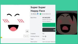 Image depicts the old super super happy face next to a new model of it