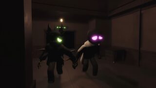 Screenshot from the DOORS Paradox bad ending cutscene, showing NPCs Verde and Viola trying to escape from The Lab. They're running down a corridor, holding each other's hands.