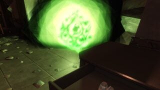 Screenshot from DOORS Paradox, showing the floating green miasma of Glare hovering by the floor in front of the player.