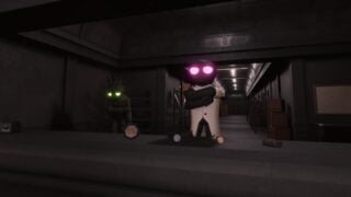 Screenshot from DOORS Paradox showing The Shop area. It shows a lab section with a counter, items lined up on it. Behind the counter are two figures. One is an individual with dark skin, glowing violet eyes, and pointy teeth. The other is a dragon-like humanoid also with dark skin, and green eyes, who stands in the corner hugging his elbows. 