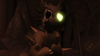 Screenshot from DOORS Paradox showing the Verde boss. He resembles a human with dragon-like features and one glowing green eye. Half his face has become skeletal and thorns poke through his clothes. He looks upset.