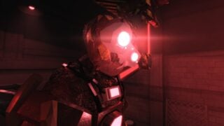 A screenshot from DOORS Paradox showing the head of the EX-15 boss, a huge robot made from scrap with red glowing eyes.