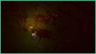 A crime scene in Grave Seasons, with blood all over the grass.