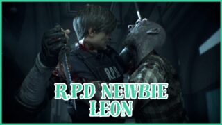 Leon battling against a zombie in the Resident Evil 2 Remake, with the text 'R.P.D. Newbie Leon'. Leon battling against a zombie in the Resident Evil 2 Remake, with the text 'R.P.D. Newbie Leon'.