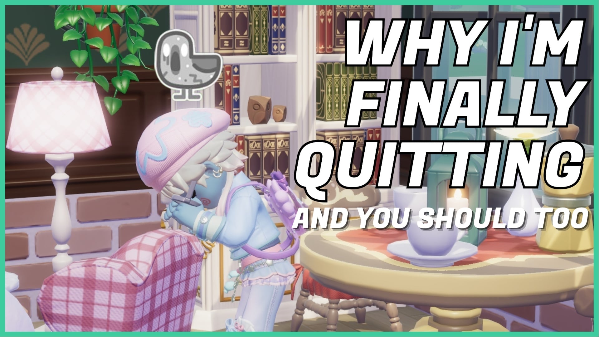 Feature image for our why this cosy game connoisseur is quitting heartopia feature, showing a player looking away in shame with the article text on the right in bold white.