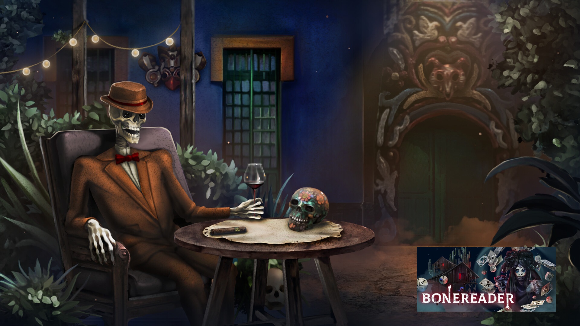 featured image for our news on Bonereader. It shows a skeleton man wearing a suit and hat sitting at a table. There's a skull on the table.