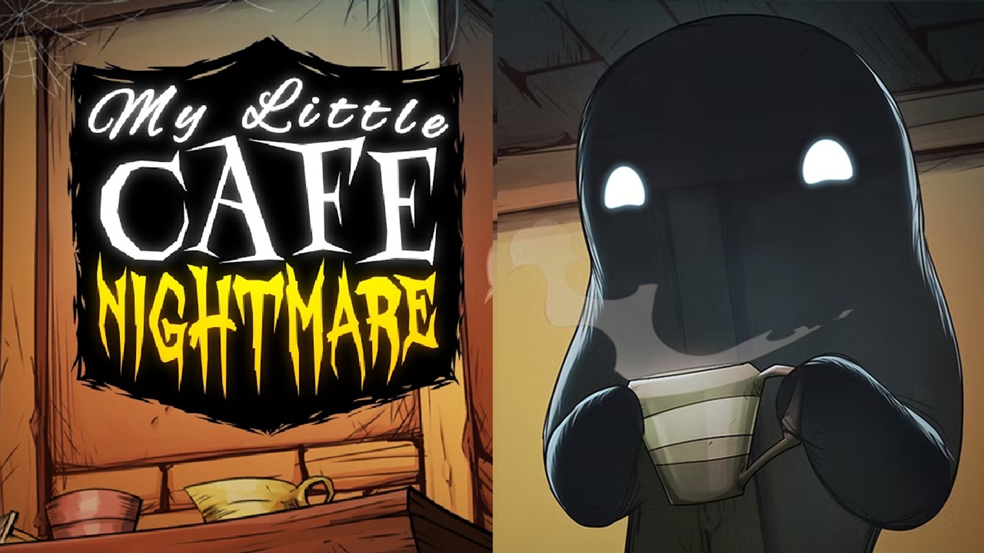 featured image for our news on My Little Cafe Nightmare. It shows a black ghost sipping on a cup of hot tea.