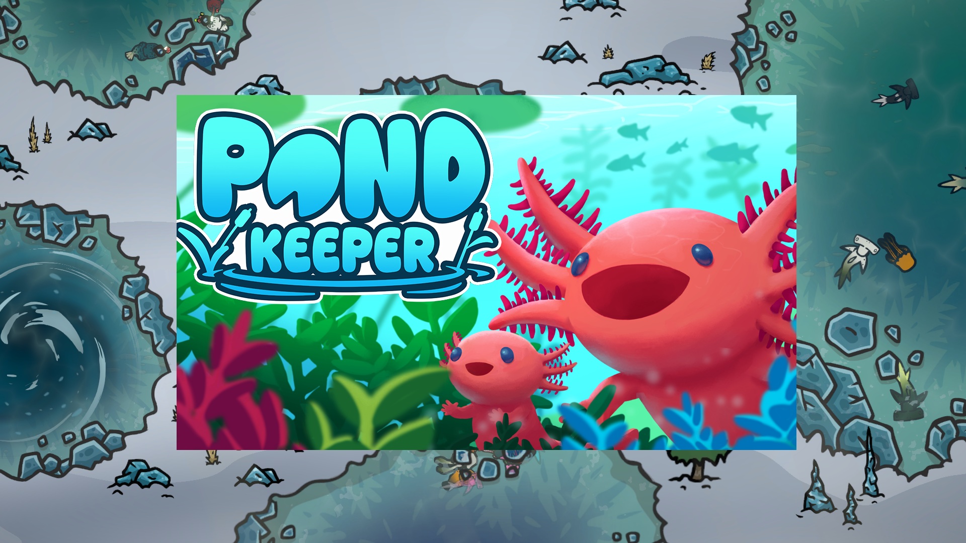 featured image for our news on Pond Keeper demo. It shows two red axolotl in a pond.