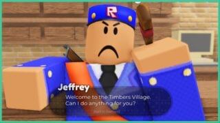 image shows a frowning post man in a blue uniform speaking to the player