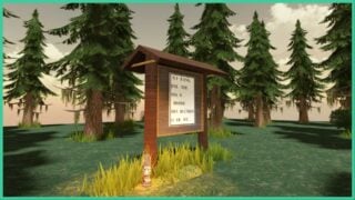 image shows a creepy forest expanding into the distance with a half-complete letter on a board 