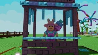 Screenshot form Grow A Garden showing the Candy Blossom Stall, a stall decked out in the blue and purple of the Candy Blossom. The NPS standing at the stall is wearing a light blue shirt, pink overalls, and a pink hat with bunny ears. She has a Candy Blossom on her back. Screenshot form Grow A Garden showing the Candy Blossom Stall, a stall decked out in the blue and purple of the Candy Blossom. The NPS standing at the stall is wearing a light blue shirt, pink overalls, and a pink hat with bunny ears. She has a Candy Blossom on her back.