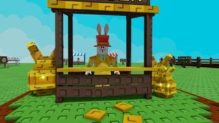 Screenshot from Grow A Garden, showing the Golden Stall, a shall with a gold worktop, run by a rabbit-headed humanoid NPC in a gold suit. Screenshot from Grow A Garden, showing the Golden Stall, a shall with a gold worktop, run by a rabbit-headed humanoid NPC in a gold suit.